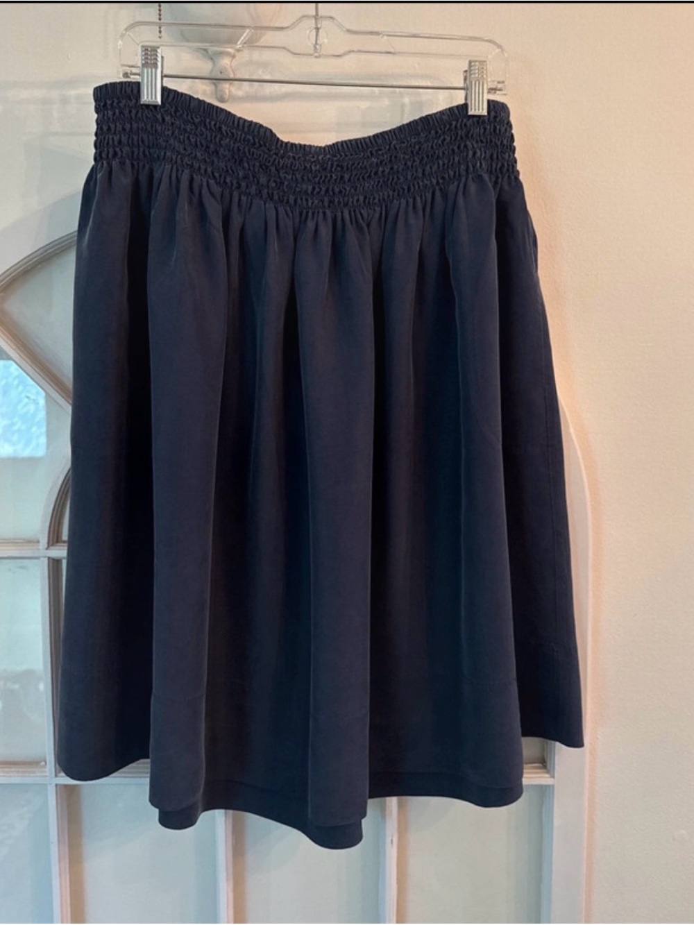 Talbots 100% Silk Navy Blue Smocked Waist Midi Skirt Pull on Elastic Waist